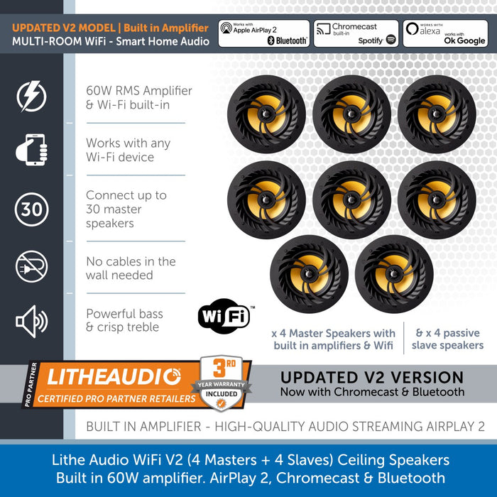 Lithe Audio WiFi V2 Multi Room Ceiling Speakers 4 Masters and 4 Slaves