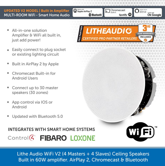Lithe Audio WiFi V2 Multi Room Ceiling Speakers 4 Masters and 4 Slaves