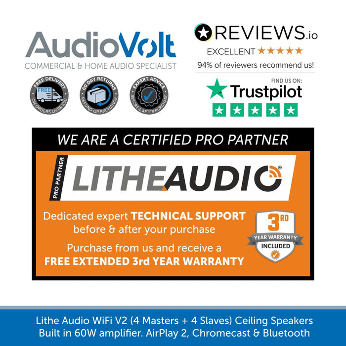 Lithe Audio WiFi V2 Multi Room Ceiling Speakers 4 Masters and 4 Slaves