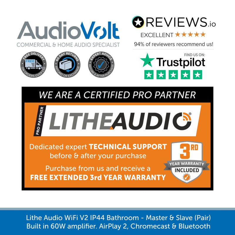 Lithe Audio WiFi V2 pair of Multi Room IP44 Bathroom Ceiling Speakers