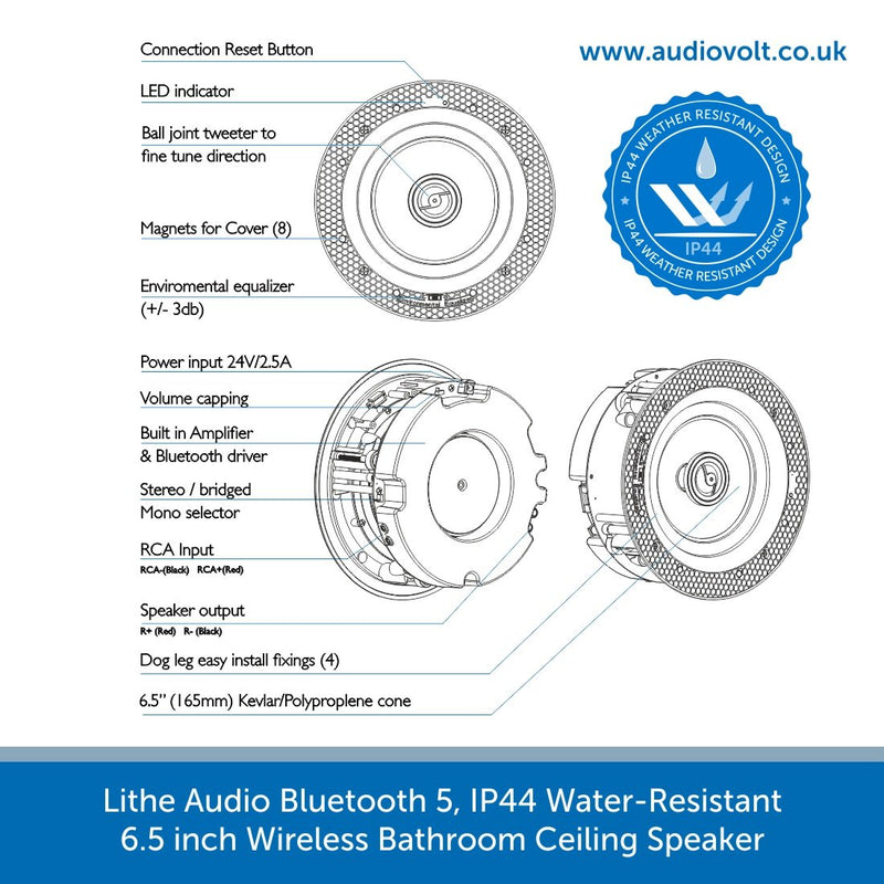 Lithe Audio Bluetooth 5, IP44 Water-Resistant Wireless Bathroom Ceiling Speaker