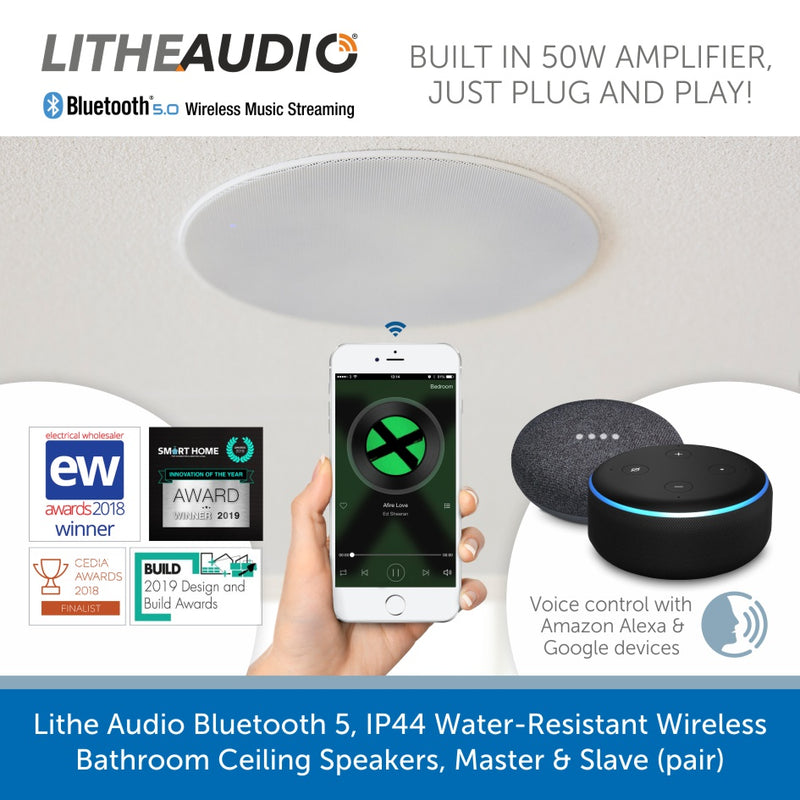 Lithe Audio Bluetooth 5, IP44 Water-Resistant Wireless Bathroom Ceiling Speakers, Master & Slave (pair)