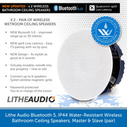 Lithe Audio Bluetooth 5, IP44 Water-Resistant Wireless Bathroom Ceiling Speakers, Master & Slave (pair)