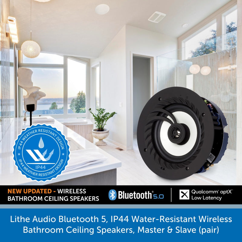 Lithe Audio Bluetooth 5, IP44 Water-Resistant Wireless Bathroom Ceiling Speakers, Master & Slave (pair)