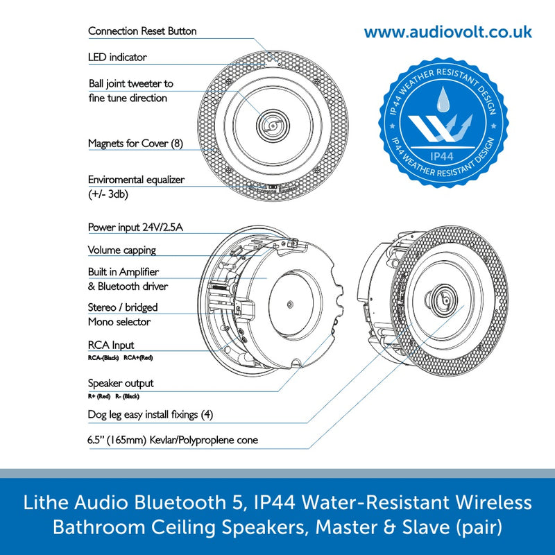 Lithe Audio Bluetooth 5, IP44 Water-Resistant Wireless Bathroom Ceiling Speakers, Master & Slave (pair)