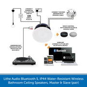 Lithe Audio Bluetooth 5, IP44 Water-Resistant Wireless Bathroom Ceiling Speakers, Master & Slave (pair)