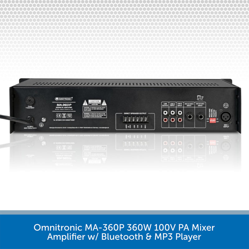 Omnitronic MA-360P 360W 100V PA Mixer Amplifier w/ Bluetooth & MP3 Player