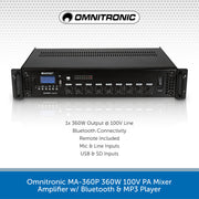 Omnitronic MA-360P 360W 100V PA Mixer Amplifier w/ Bluetooth & MP3 Player