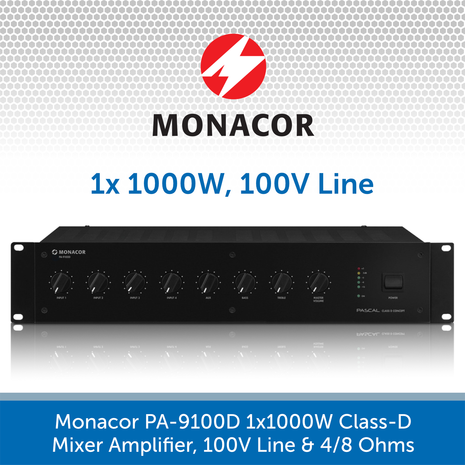 Monacor PA-9100D 1000W PA Mixer Amplifier, 100V Line | Audio Volt ...
