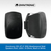 Omnitronic OD-4T 4" IP65 Weatherproof Wall Speakers (Pair), 100V / 8 Ohms, Black or White
