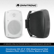 Omnitronic OD-4T 4" IP65 Weatherproof Wall Speakers (Pair), 100V / 8 Ohms, Black or White