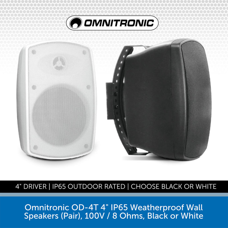 Omnitronic OD-4T 4" IP65 Weatherproof Wall Speakers (Pair), 100V / 8 Ohms, Black or White