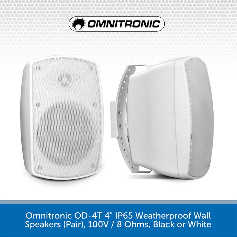 Omnitronic OD-4T 4" IP65 Weatherproof Wall Speakers (Pair), 100V / 8 Ohms, Black or White