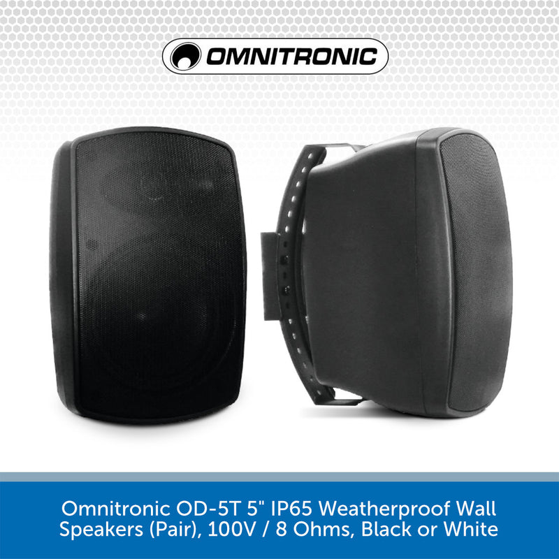 Omnitronic OD-5T 5" IP65 Weatherproof Wall Speakers (Pair), 100V / 8 Ohms, Black or White