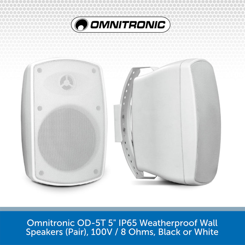 Omnitronic OD-5T 5" IP65 Weatherproof Wall Speakers (Pair), 100V / 8 Ohms, Black or White