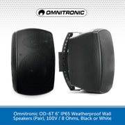 Omnitronic OD-6T 6.5" IP65 Weatherproof Wall Speakers (Pair), 100V / 8 Ohms, Black or White