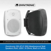 Omnitronic OD-6T 6.5" IP65 Weatherproof Wall Speakers (Pair), 100V / 8 Ohms, Black or White