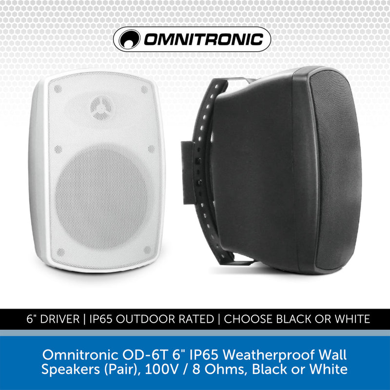 Omnitronic OD-6T 6.5" IP65 Weatherproof Wall Speakers (Pair), 100V / 8 Ohms, Black or White