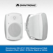 Omnitronic OD-6T 6.5" IP65 Weatherproof Wall Speakers (Pair), 100V / 8 Ohms, Black or White