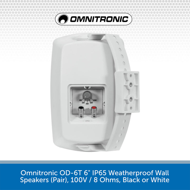 Omnitronic OD-6T 6.5" IP65 Weatherproof Wall Speakers (Pair), 100V / 8 Ohms, Black or White