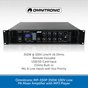 Omnitronic MP-350P 350W 100V Line PA Mixer Amplifier with MP3 Player