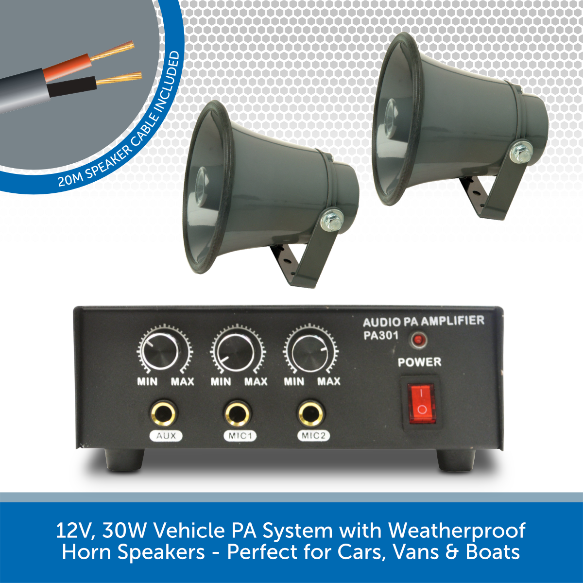 12V, 30W Vehicle PA System with Tannoy Horn Speakers Audio Volt
