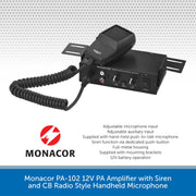 Monacor PA-102 12V PA Amplifier with Siren and CB Radio Style Handheld Microphone