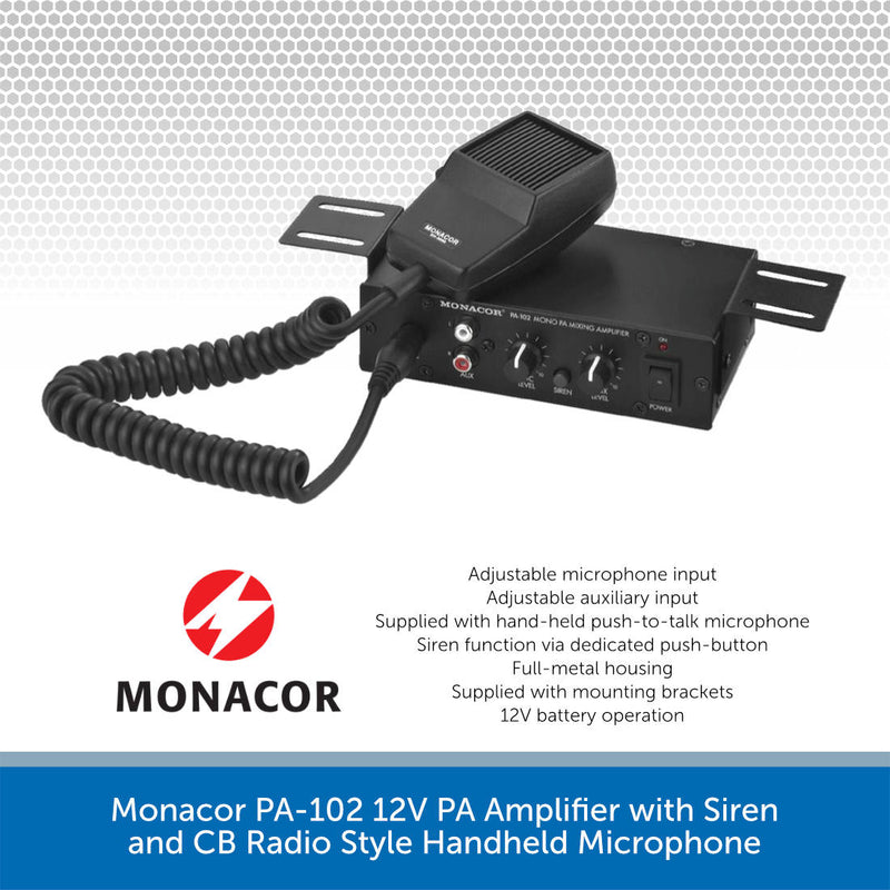 Monacor PA-102 12V PA Amplifier with Siren and CB Radio Style Handheld Microphone