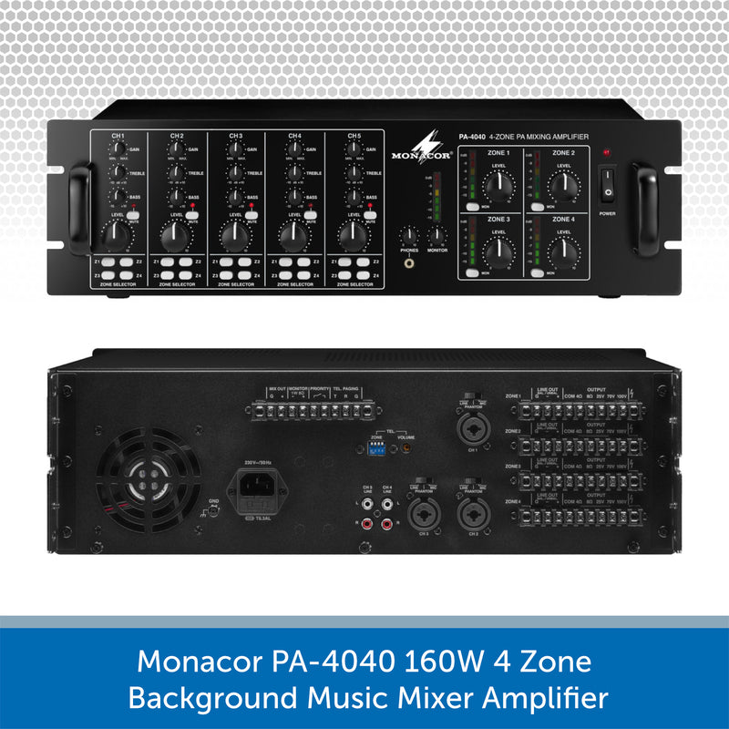 Monacor PA-4040 4-Zone 160W Mixer Amplifier - 100V Line and 4/8 ohm