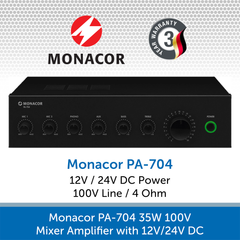 Monacor PA-704 35W 100V Mixer Amplifier with 12V/24V DC