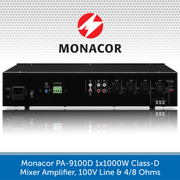 Monacor PA-9100D 1x1000W Class-D Mixer Amplifier, 100V Line & 4/8 Ohms