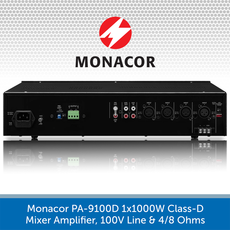 Monacor PA-9100D 1x1000W Class-D Mixer Amplifier, 100V Line & 4/8 Ohms