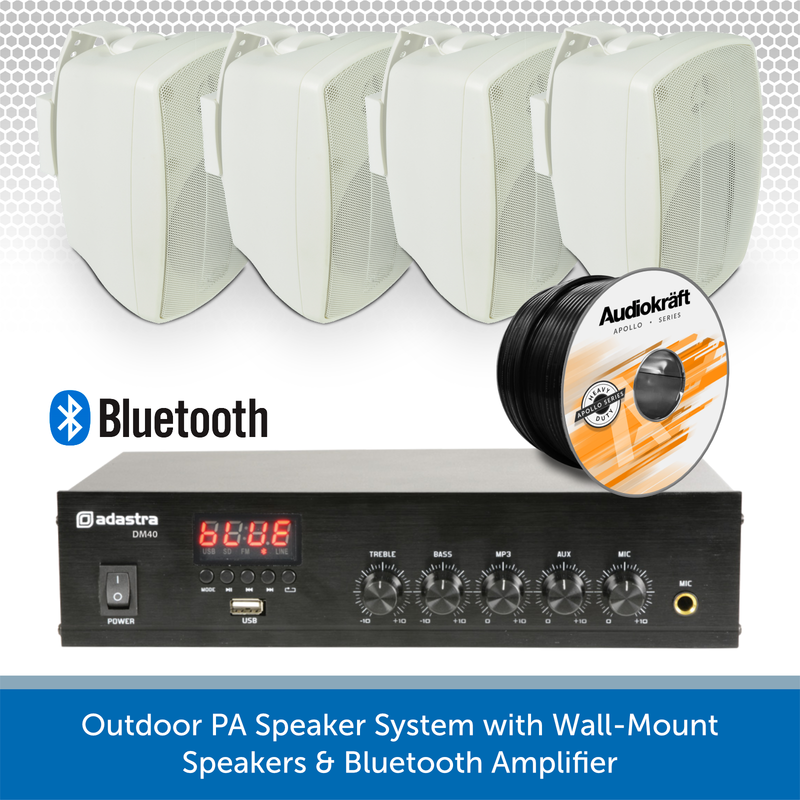 Outdoor PA Speaker System with Wall-Mount Speakers & Bluetooth Amplifier