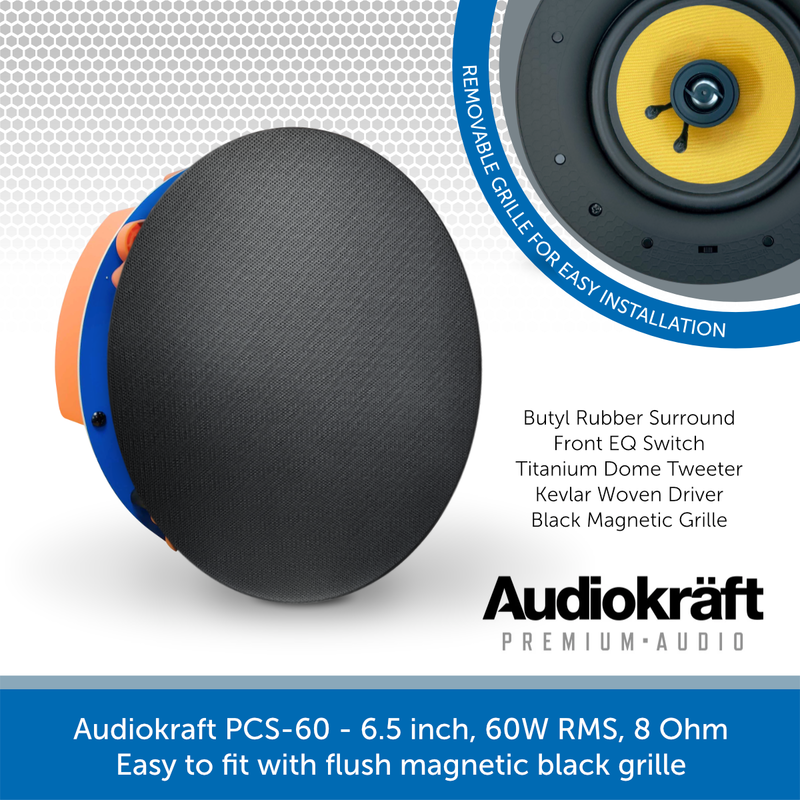 AudioKraft PCS-60-BK Black Ceiling Speaker - Premium 60W 6.5 inch 8 Ohms