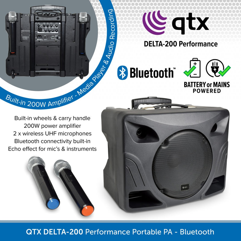 QTX DELTA-200 Performance Portable PA Unit | Bluetooth & 2 Wireless UHF Microphones