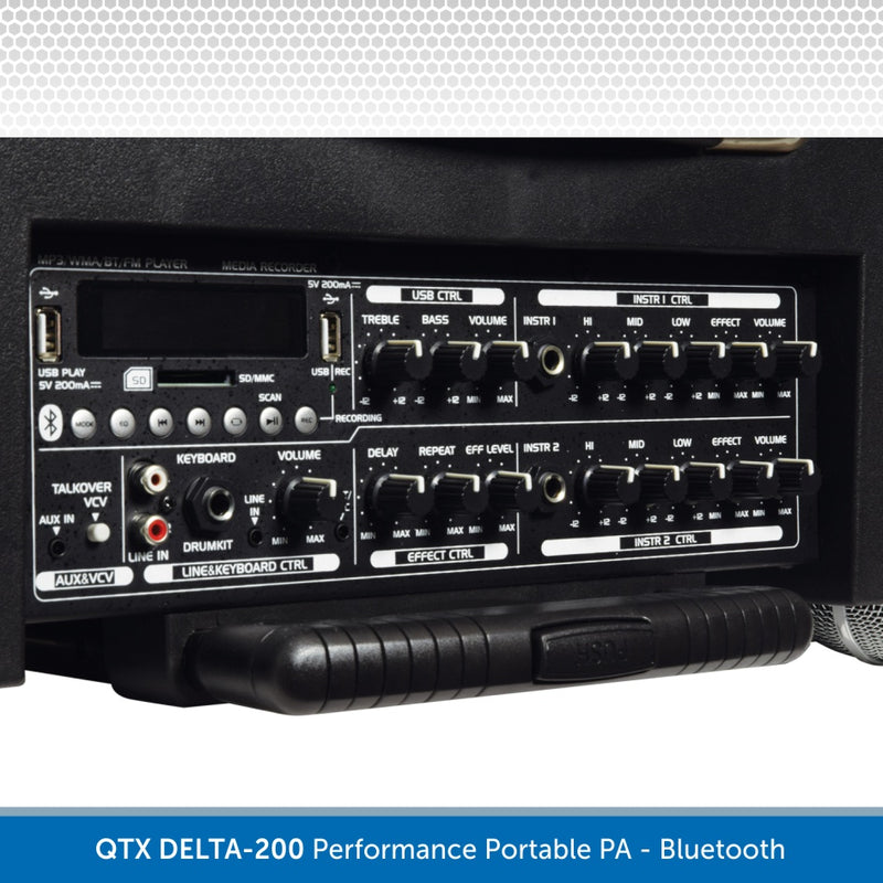 QTX DELTA-200 Performance Portable PA Unit | Bluetooth & 2 Wireless UHF Microphones