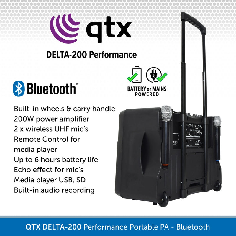 QTX DELTA-200 Performance Portable PA Unit | Bluetooth & 2 Wireless UHF Microphones