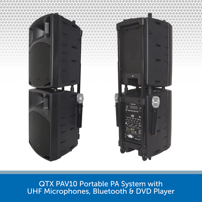 QTX PAV10 Portable PA System with UHF Microphones, Bluetooth & DVD Player