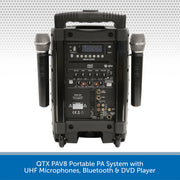 QTX PAV8 Portable PA System with UHF Microphones, Bluetooth & DVD Player