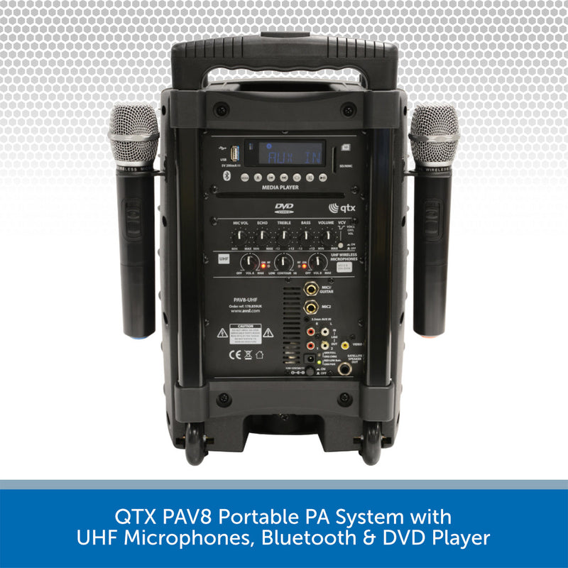 QTX PAV8 Portable PA System with UHF Microphones, Bluetooth & DVD Player