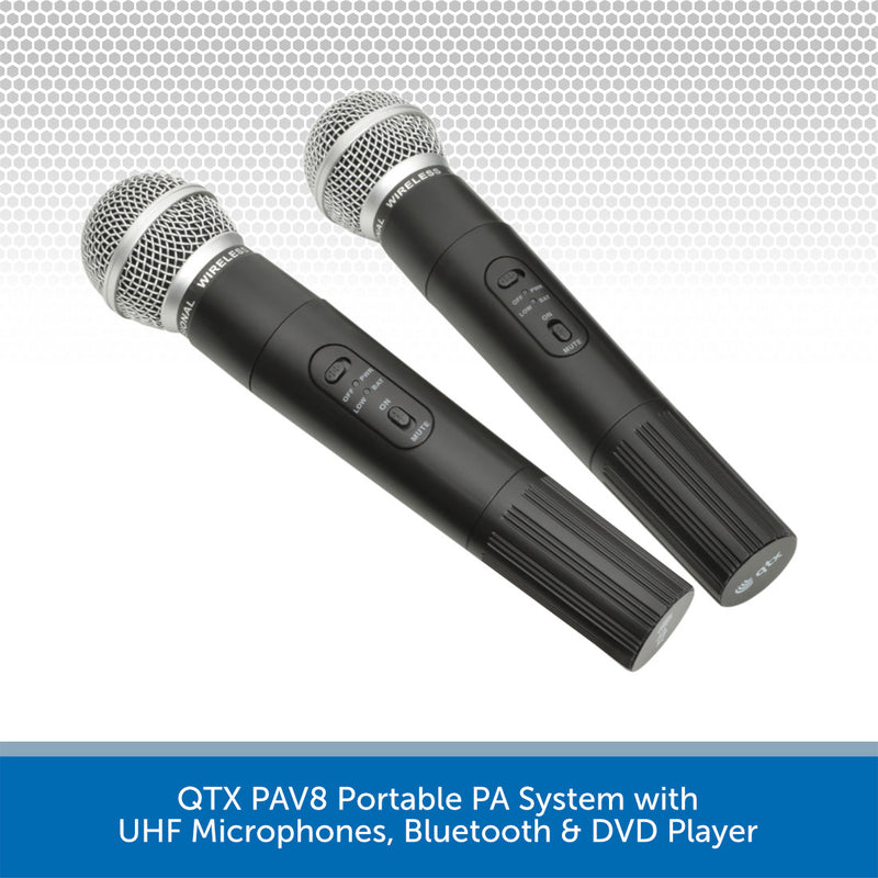 QTX PAV8 Portable PA System with UHF Microphones, Bluetooth & DVD Player