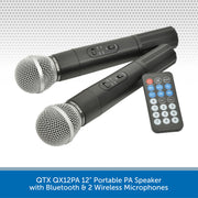 QTX QX12PA 12" Portable PA Speaker with Bluetooth & 2 Wireless Microphones
