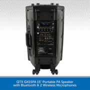 QTX QX15PA 15" Portable PA Speaker with Bluetooth & 2 Wireless Microphones