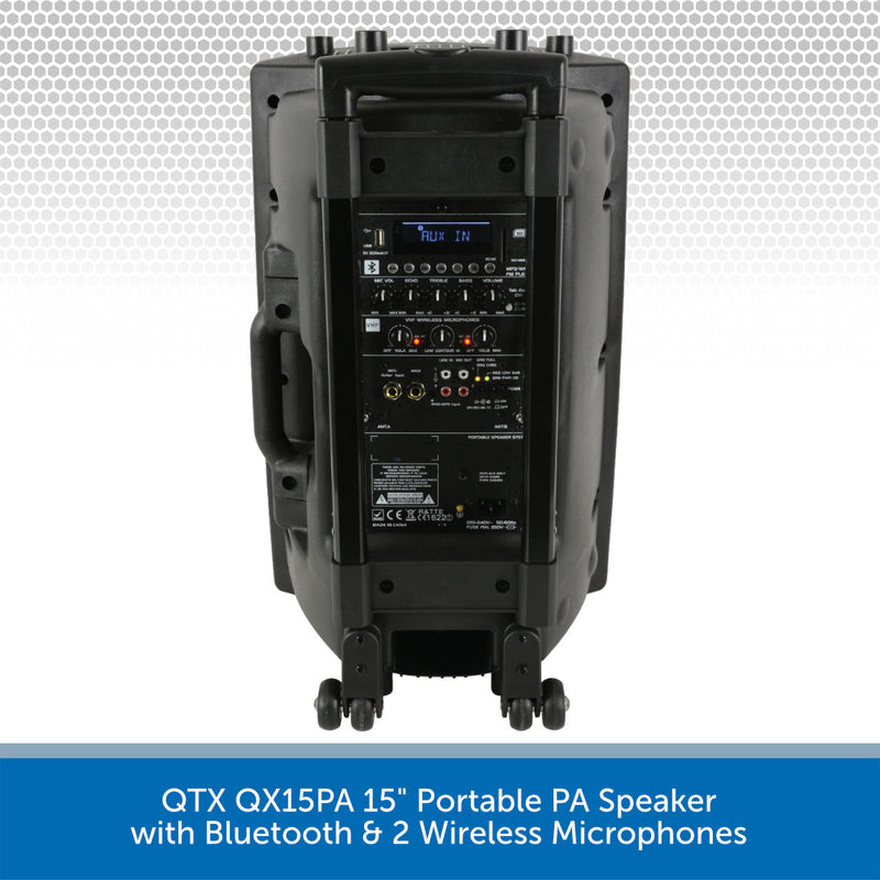 QTX QX15PA 15" Portable PA Speaker with Bluetooth & 2 Wireless Microphones