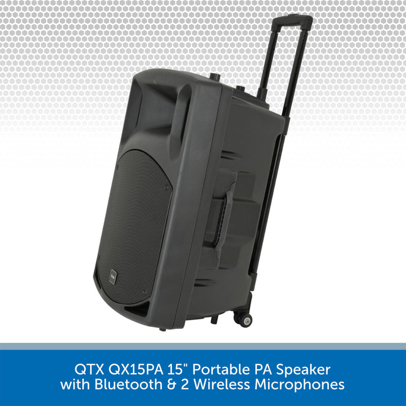 QTX QX15PA 15" Portable PA Speaker with Bluetooth & 2 Wireless Microphones