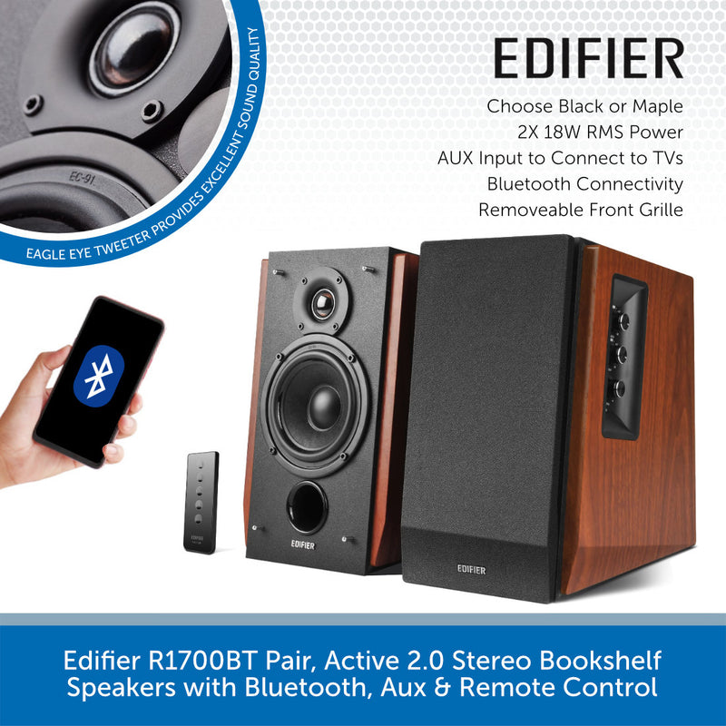 Edifier R1700BT Pair, Active 2.0 Stereo Bookshelf Speakers with Bluetooth, Aux & Remote Control