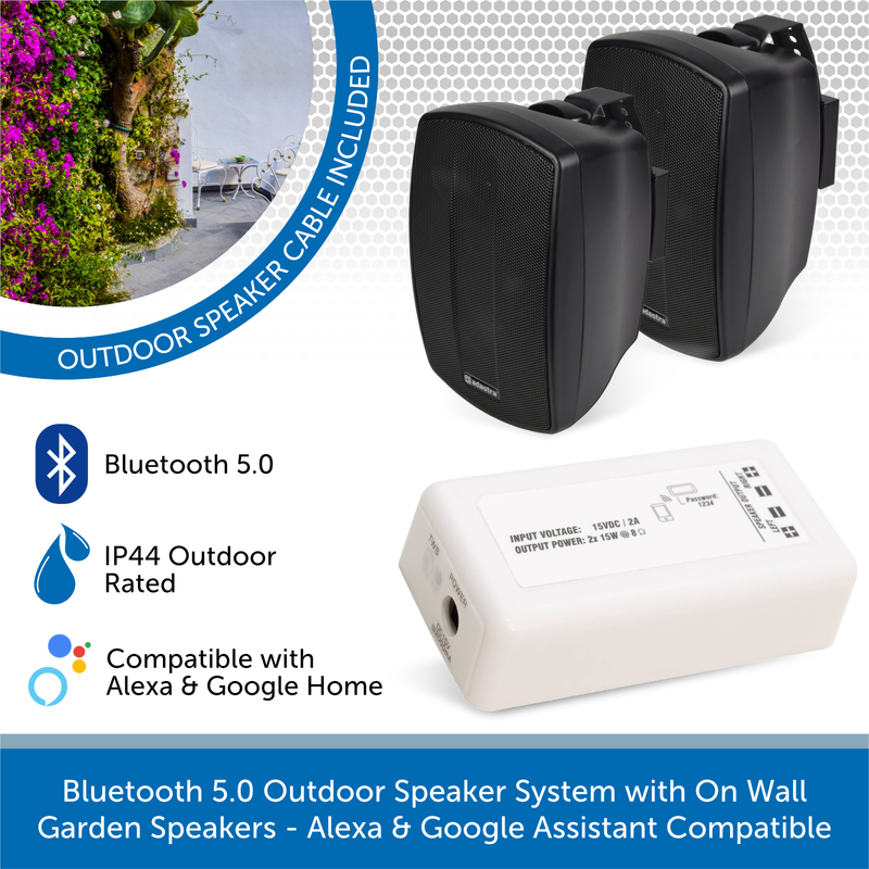AudioVolt Bluetooth 5.0 Outdoor Speaker System with On Wall Garden Speakers - Alexa & Google Assistant Compatible