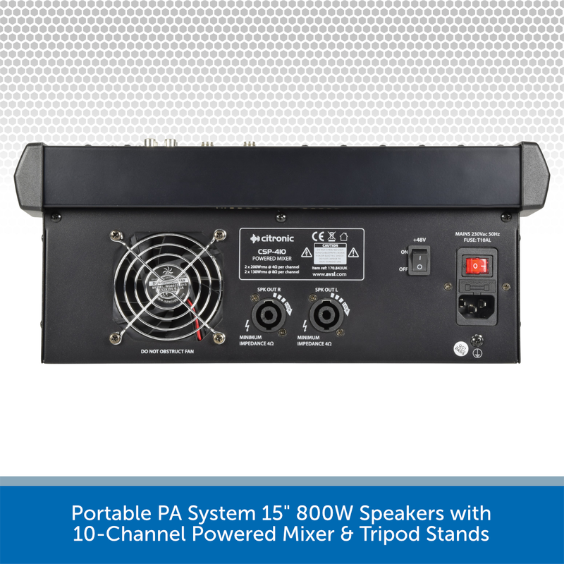 Portable PA System 15" 800W Speakers with 10-Channel Powered Mixer & Tripod Stands