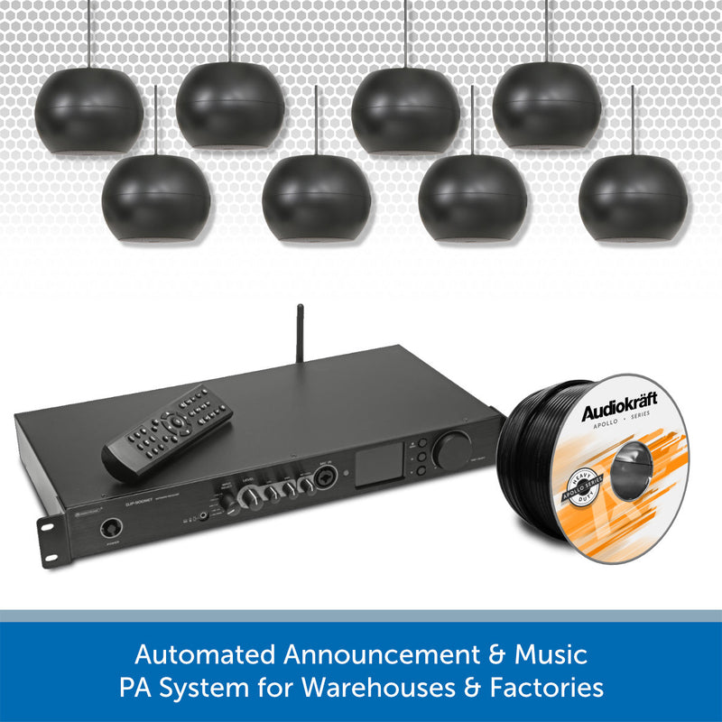 Warehouse DAB Radio Music System with Wall-Mount or Suspended Pendant Speakers