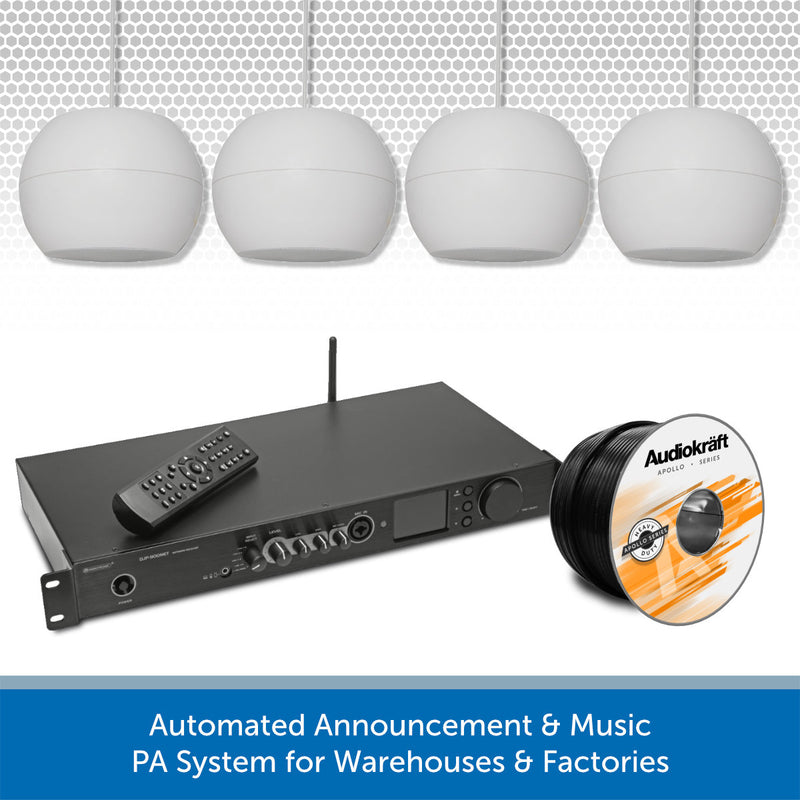 Warehouse DAB Radio Music System with Wall-Mount or Suspended Pendant Speakers
